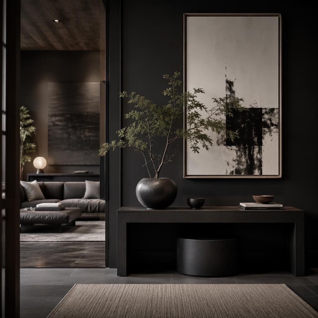 Black and white japandi entryway with wood accents, bench, plants, art, and soft textiles in a moody interior render.