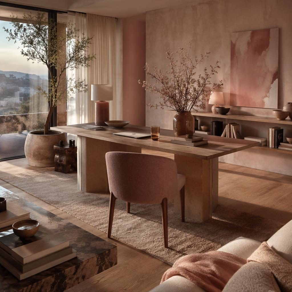Despacho en ático de lujo estilo wabi-sabi, tonos rosa pastel y beige, materiales naturales, plantas y arte al atardecer