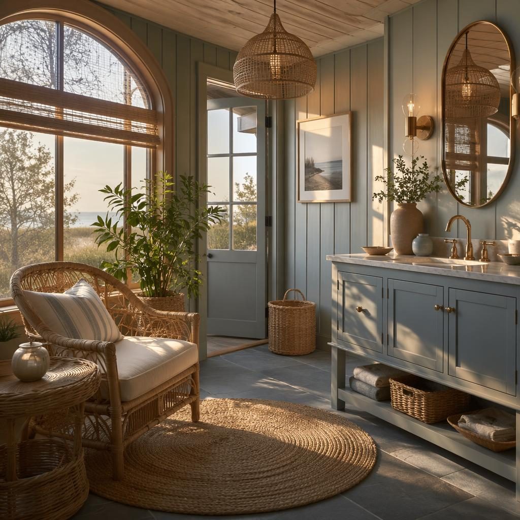Japandi bathroom interior with blue and brass accents, rattan details, plants, art, textiles, and golden hour light