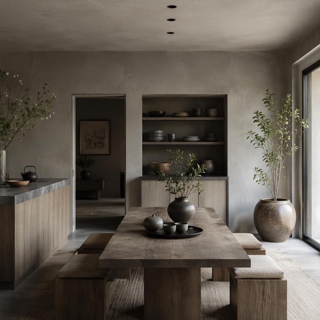 Interior rectangular estilo wabi sabi con tonos grises, materiales naturales, plantas, arte textil y luz natural suave