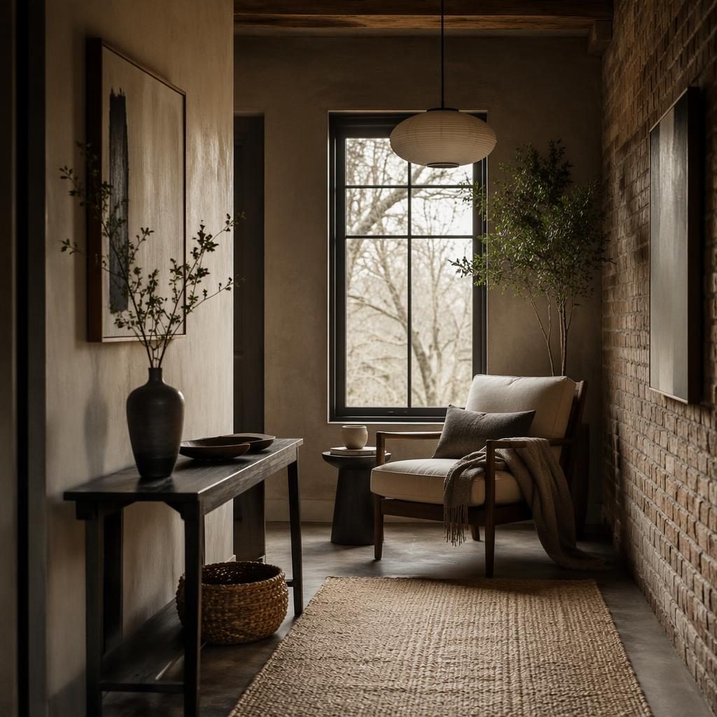 Japandi entryway with warm neutral tones, natural wood bench, plants, textiles, art, and soft overcast light