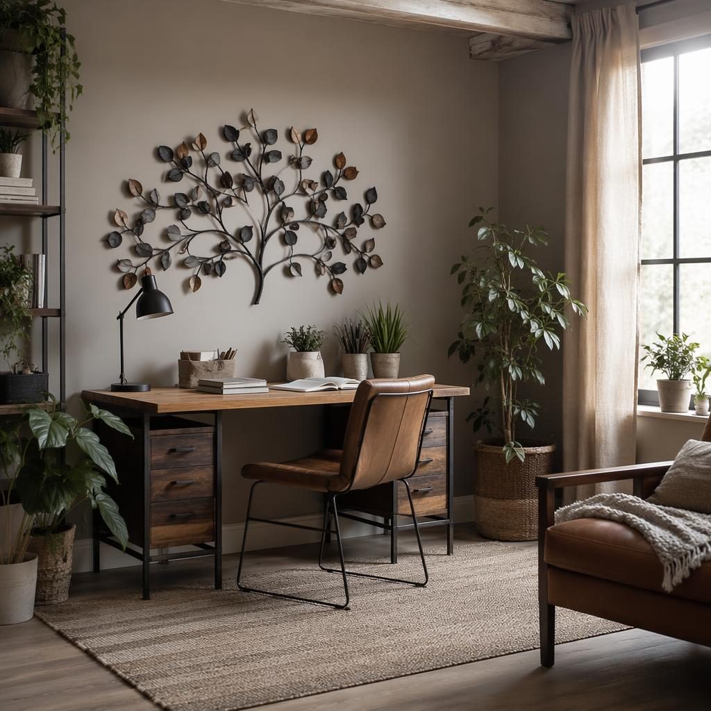 Home-Office im Landhausstil mit Metallbettgestell, Erdtönen, Pflanzen, Kunst, Textilien und weichem Tageslicht