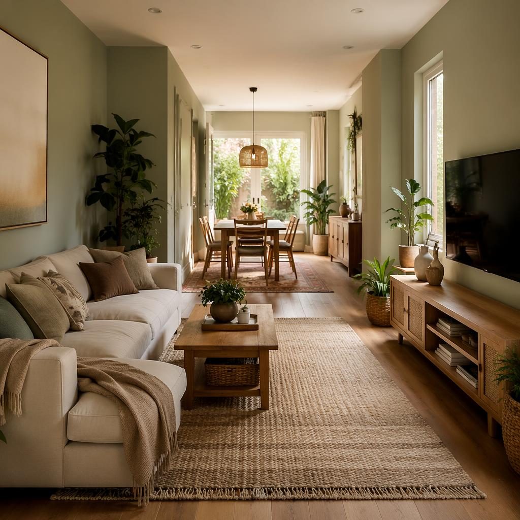 Modern minimalist long narrow living room with sage and cream palette, warm rugs, plants, art, and soft daylight