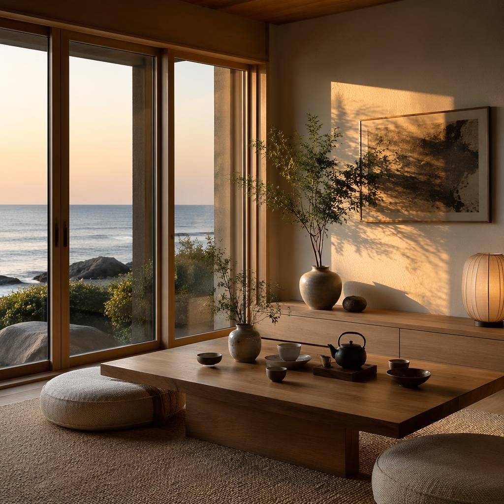 Japandi-Teeraum im Küsten-Wohnzimmerstil mit Erdtönen, Holz, Pflanzen, Textilien und goldenem Abendlicht