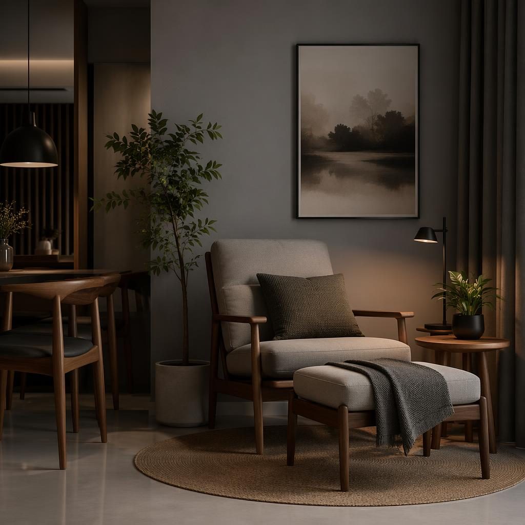 Minimalist reading nook interior with cool grey palette, warm wood furniture, plants, art, textiles, evening light