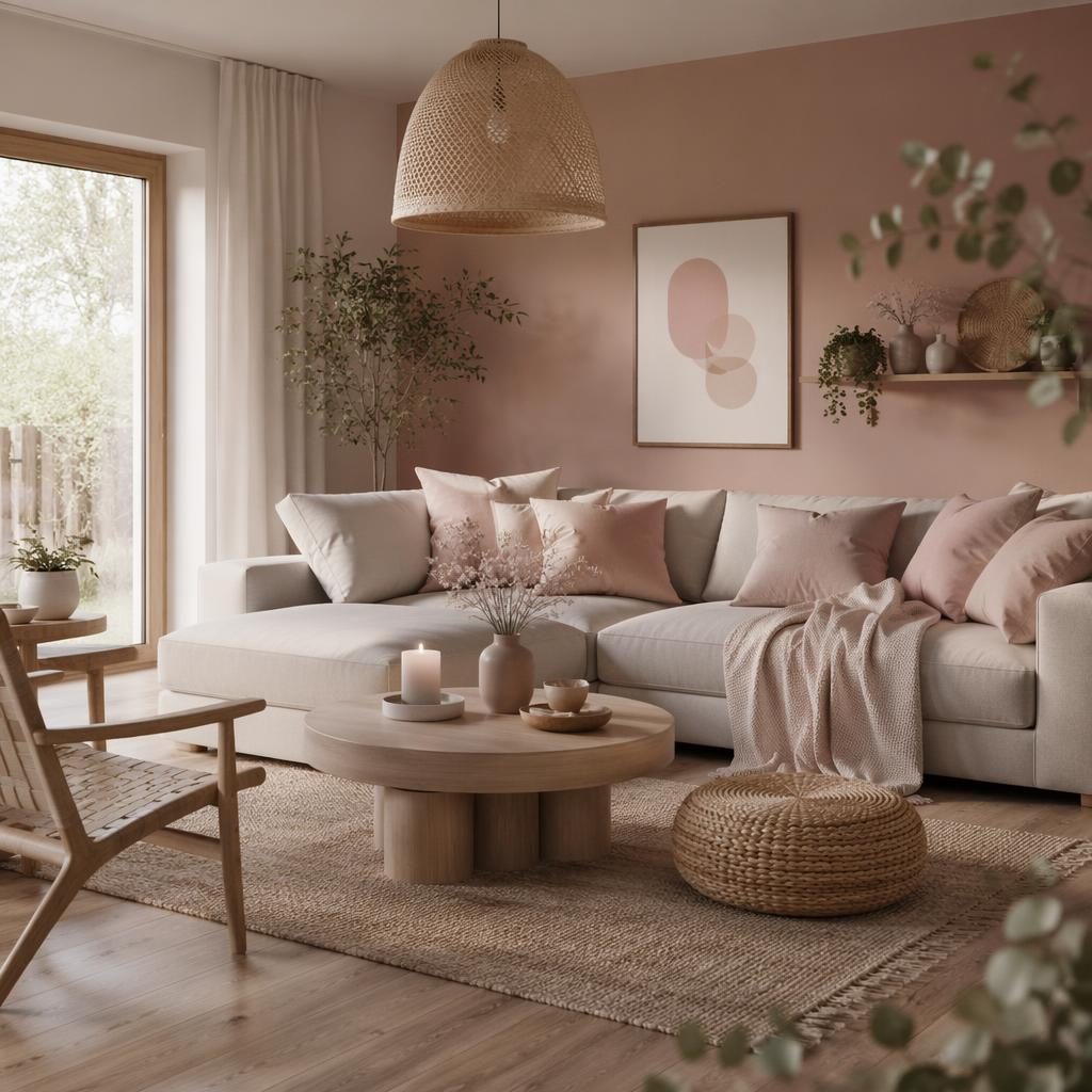 Skandinavisches Boho-Wohnzimmer in Rosa und Beige mit Naturmaterialien, Pflanzen, Kunst und Textilien