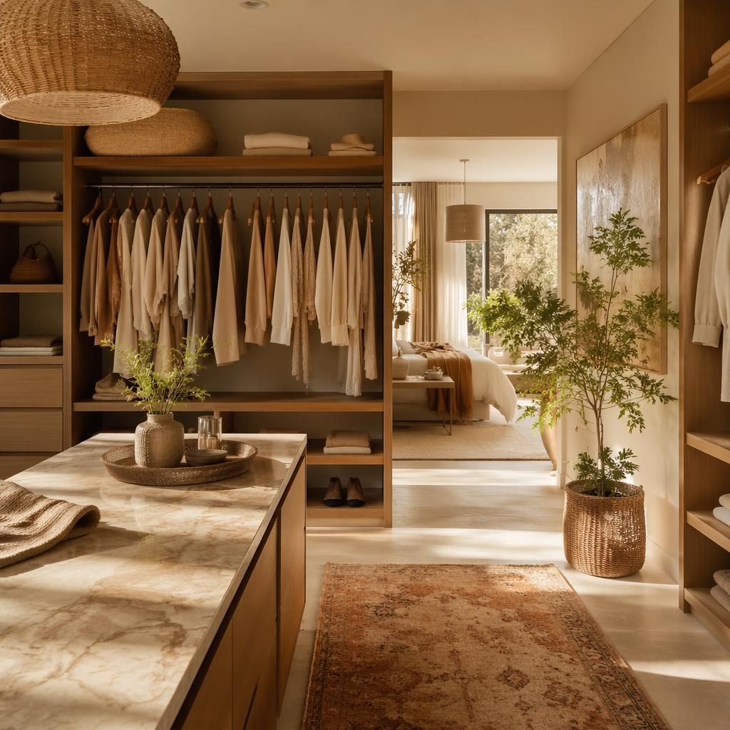 Luxuriöse Boho-Ankleide mit warmen Naturtönen, offenen Regalen, Textilien, Pflanzen und weichem Tageslicht.