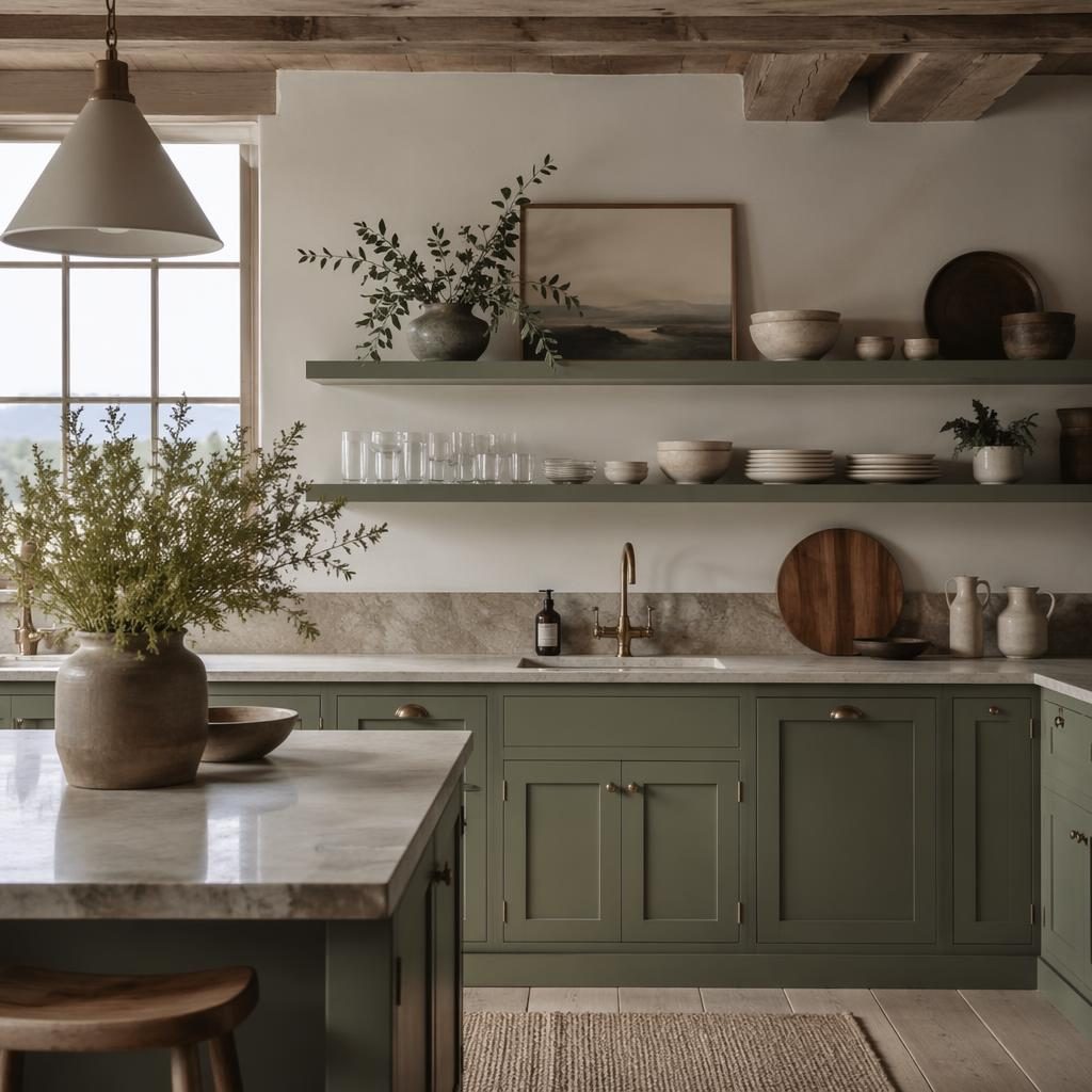 Offene Küchenregale im Coastal-Stil mit Naturmaterialien, Salbei-Creme-Palette, Pflanzen, Keramik und weichem Licht