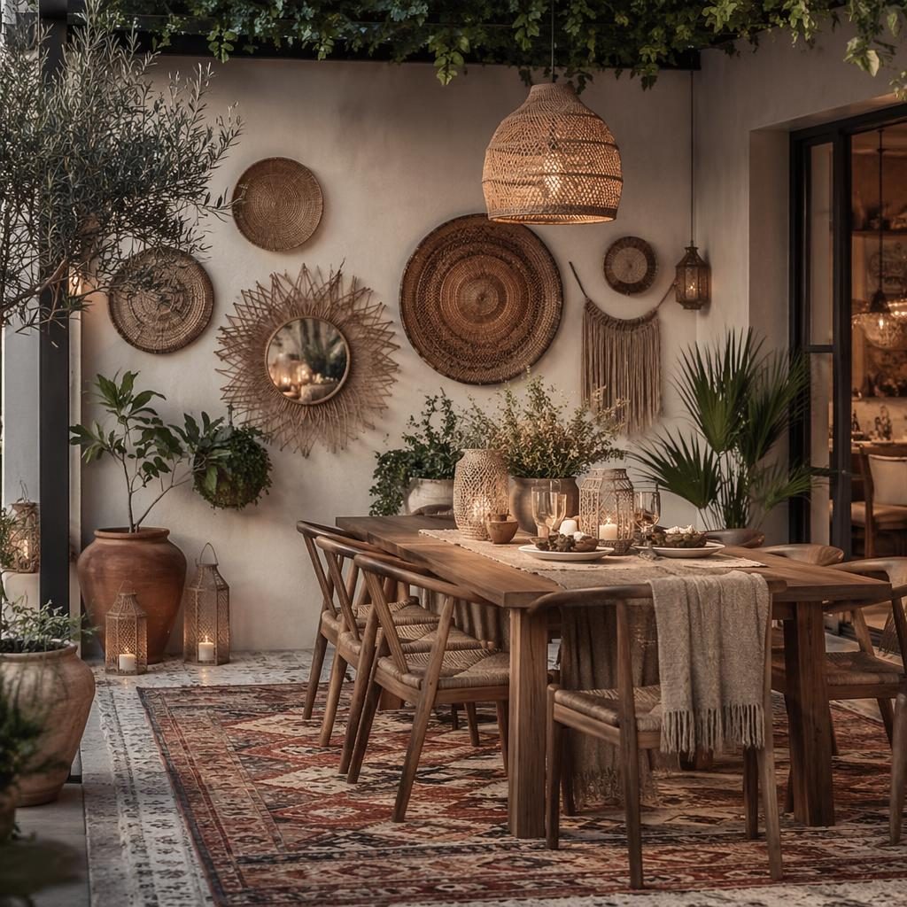 Moody japandi bathroom render in sage and cream with natural materials, plants, textiles, art, and warm boho rugs