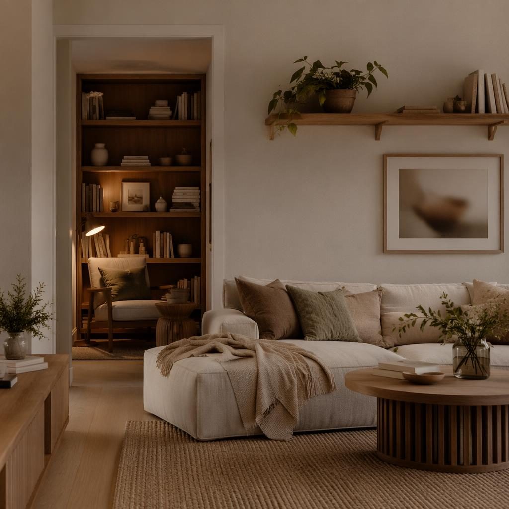 Salón nórdico pequeño en tonos neutros cálidos, rincón de lectura, madera, textiles, plantas y luz ambiental suave.