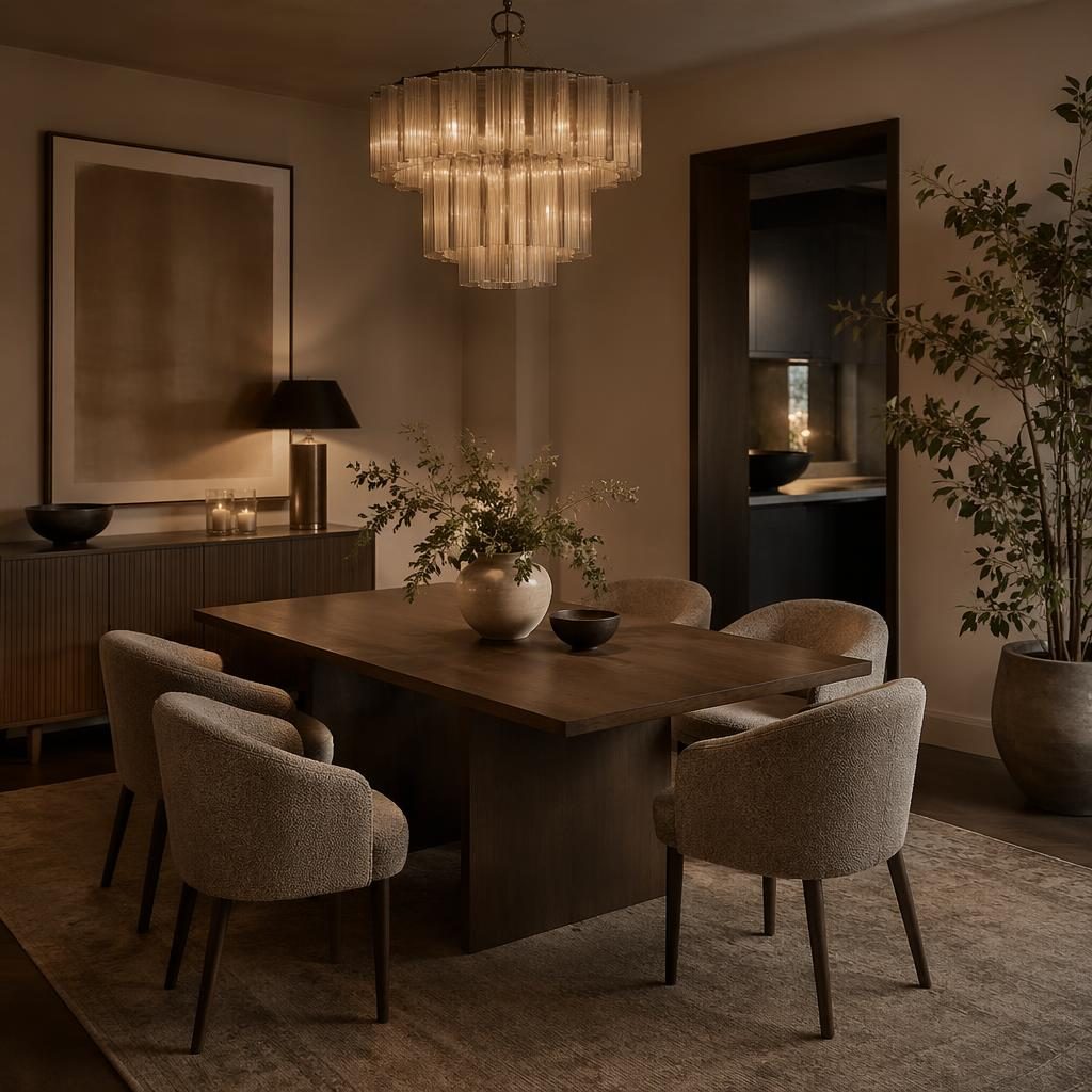 Minimalist walk-in closet with earth-tone shelving, warm evening lighting, natural materials, textiles, plants, and art