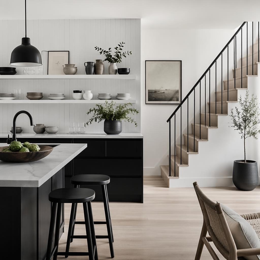 Scandinavian coastal kitchen interior with black and white palette, open shelving, plants, textiles, art, and soft daylight