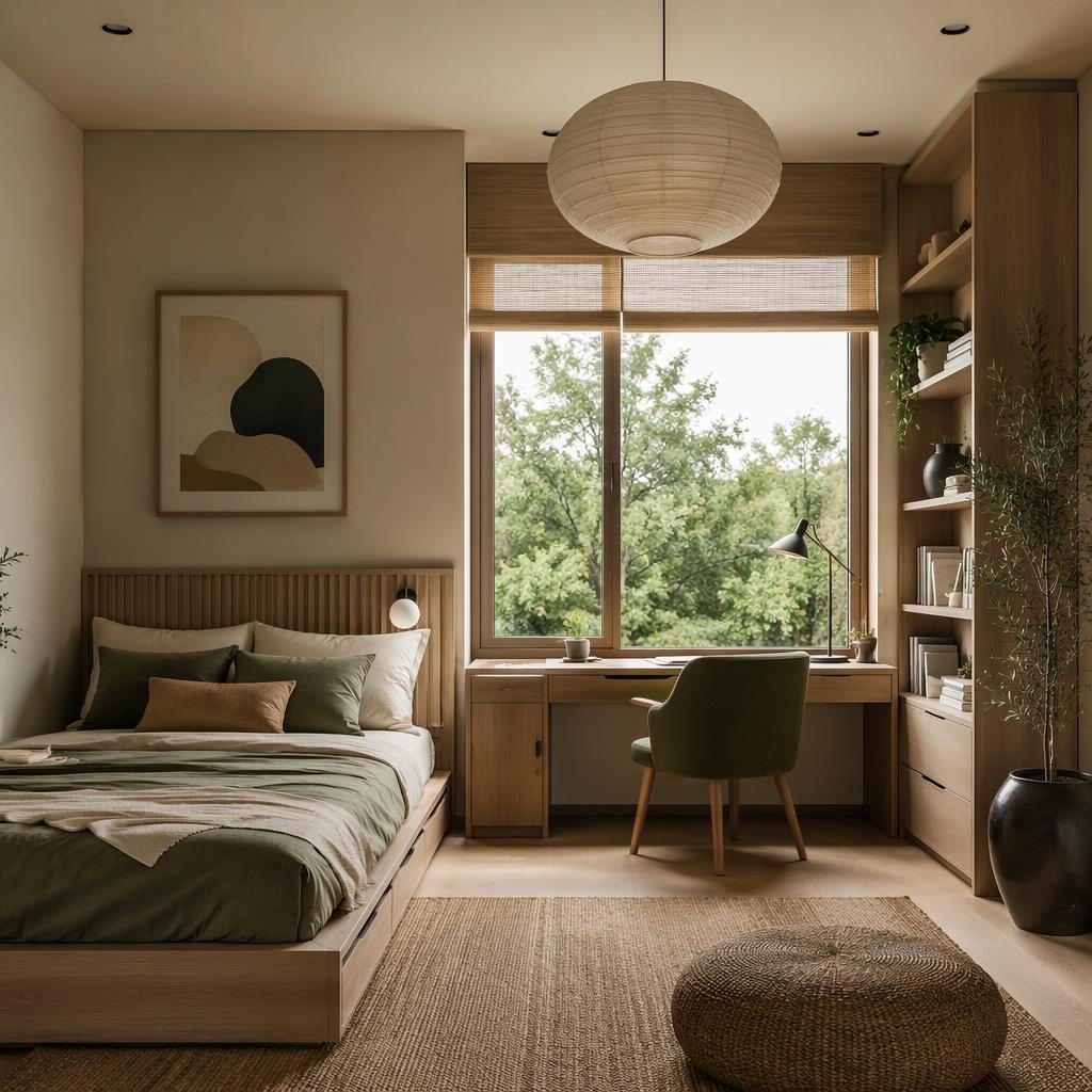 Modern teen bedroom with japandi decor, earth-tone palette, wood furniture, soft daylight, plants, textiles and wall art.
