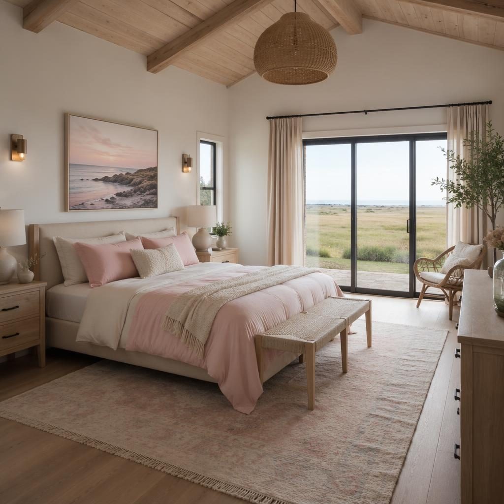 Realistic coastal bathroom interior with pastel pink and beige tones, natural materials, plants, art, and soft daylight.