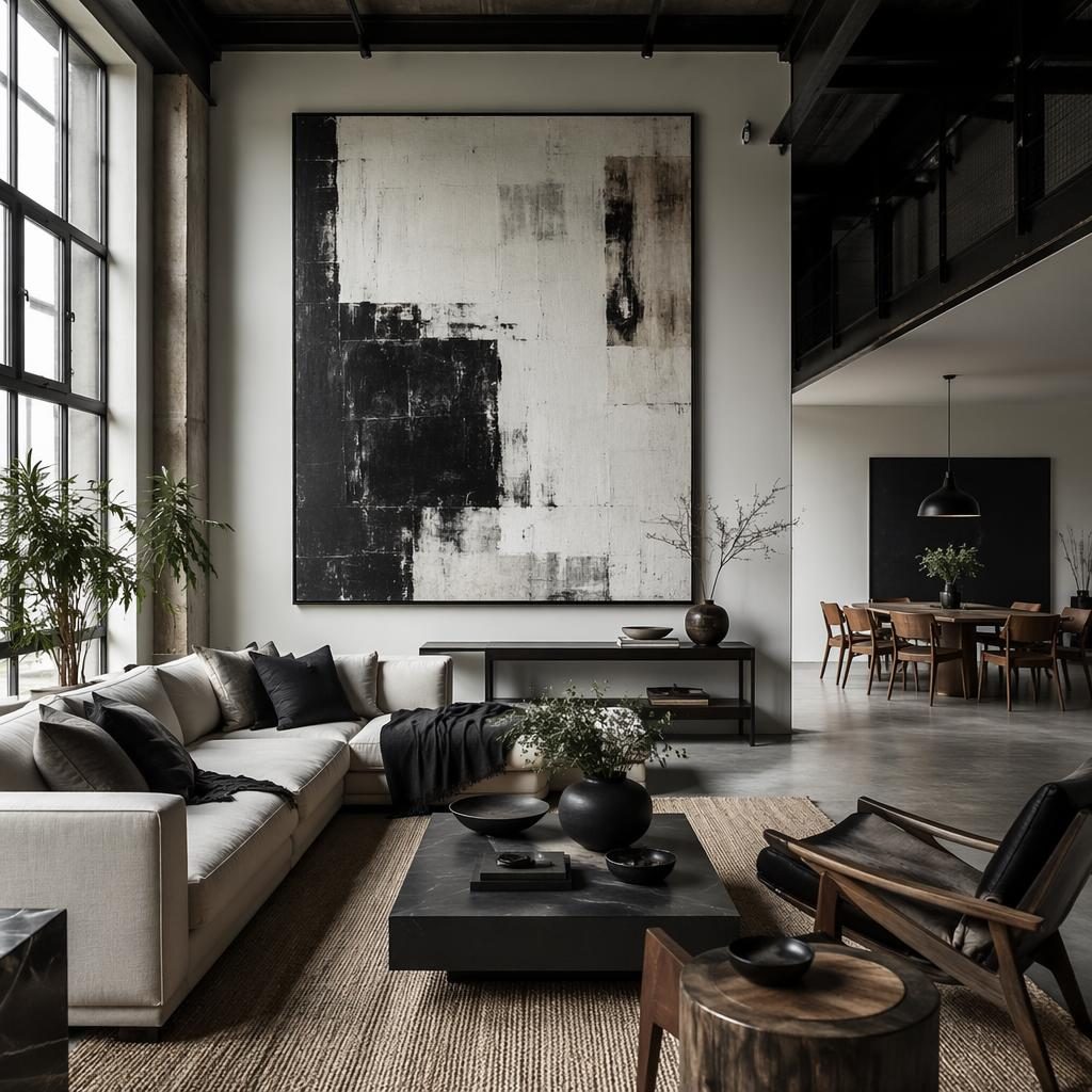 Industrial black and white living room with extra large wall decor, warm wood dining furniture, plants and soft daylight