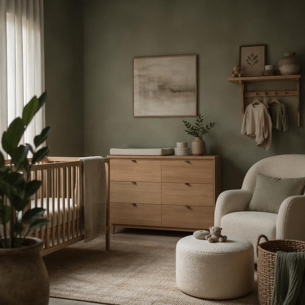 wabi-sabi bedroom interior design concept, sage and cream colour palette, cinematic moody. Realistic photographic render