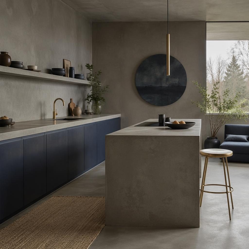 Realistic japandi interior home office with blue and brass accents, concrete kitchen, plants, art, textiles, and soft diffused light.