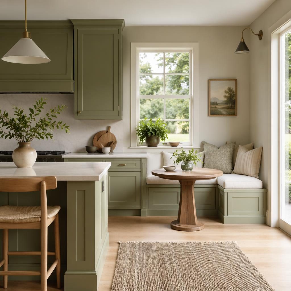Scandinavian bathroom with a small corner sitting area, sage and cream tones, soft daylight, wood accents, plants, art and textiles.