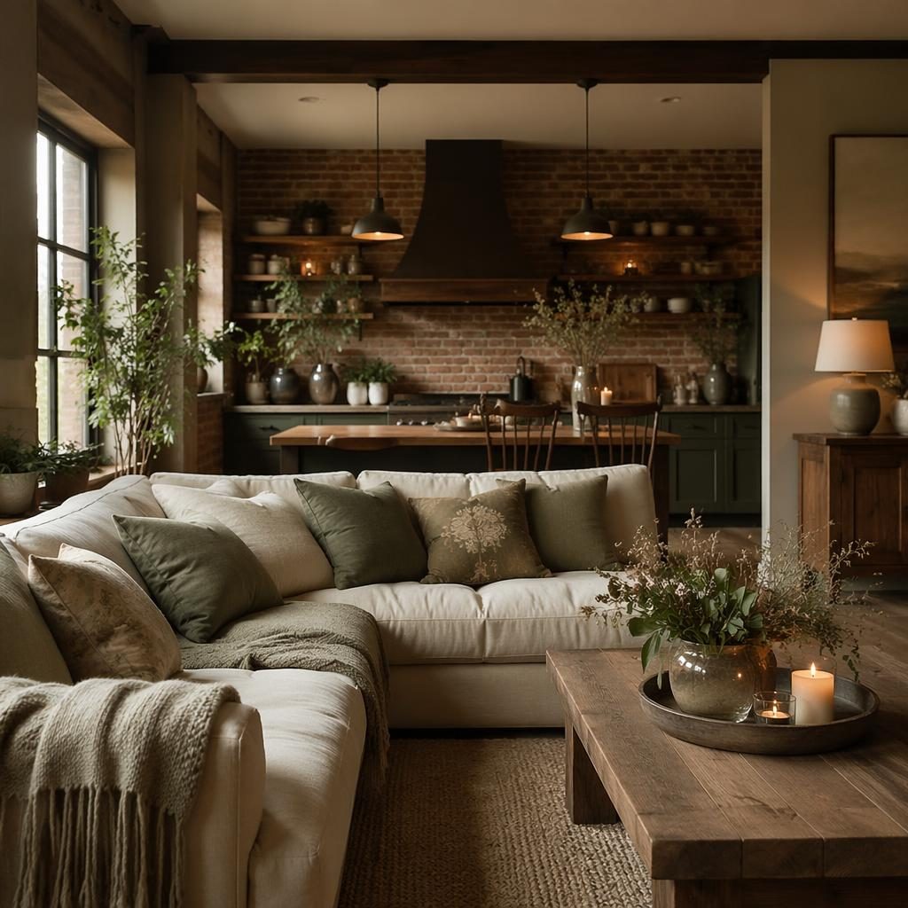 Farmhouse living room in sage and cream with natural textiles, plants, art, and an industrial brick kitchen