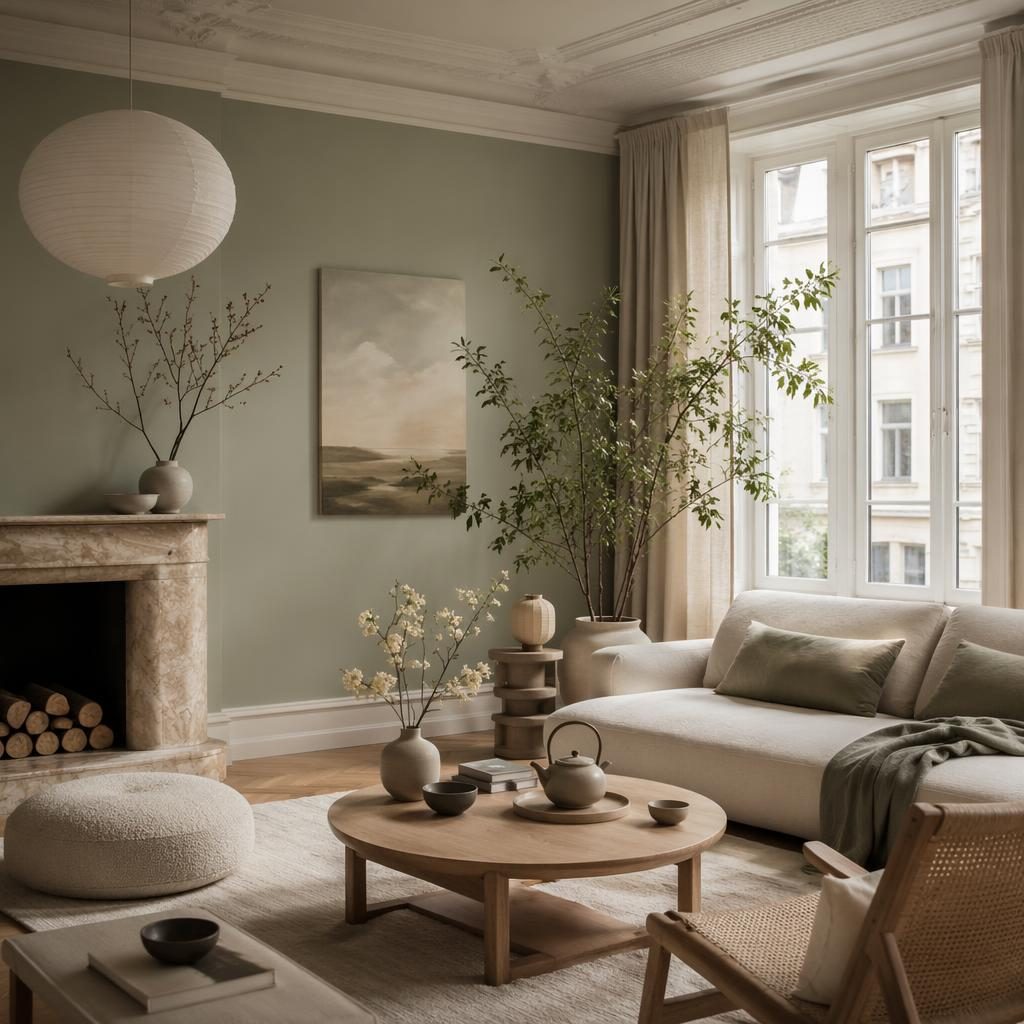 Japandi-Teeraum im Wohnzimmer mit Salbei-Creme-Palette, Tageslicht, Naturmaterialien, Pflanzen und ruhiger Möblierung