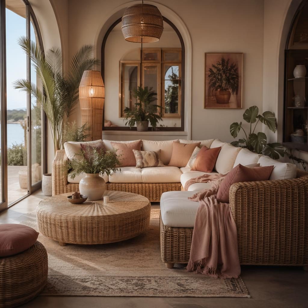Scandinavian sun room dining interior with pastel pink and beige tones, rattan furniture, plants, textiles, and art