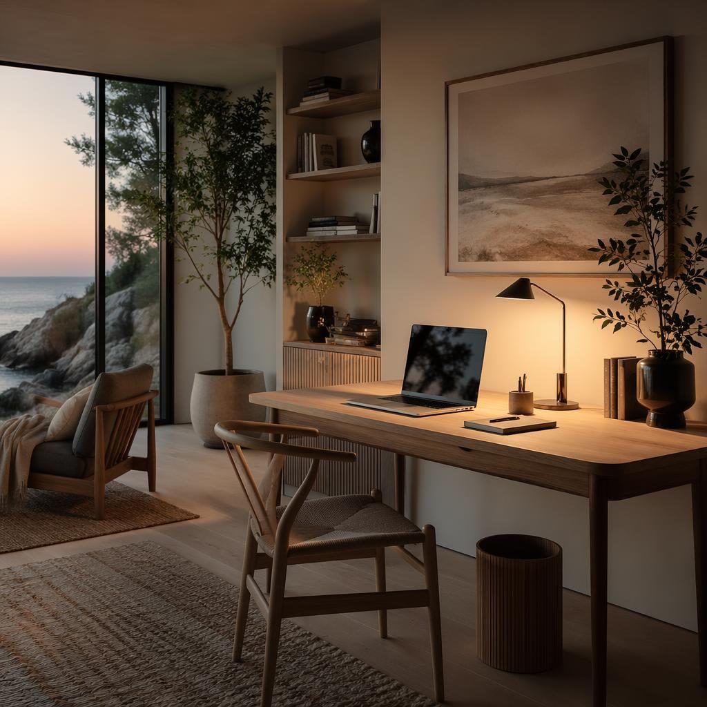 Skandinavisches Homeoffice im Küstenstil mit Erdtönen, warmem Abendlicht, Holz, Pflanzen, Kunst und Textilien.