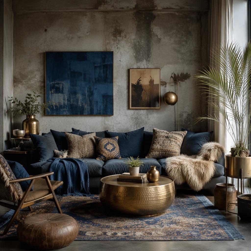 Salle de bain industrielle en béton brut, palette bleu et laiton, plantes, textiles et lumière diffuse sans personne.