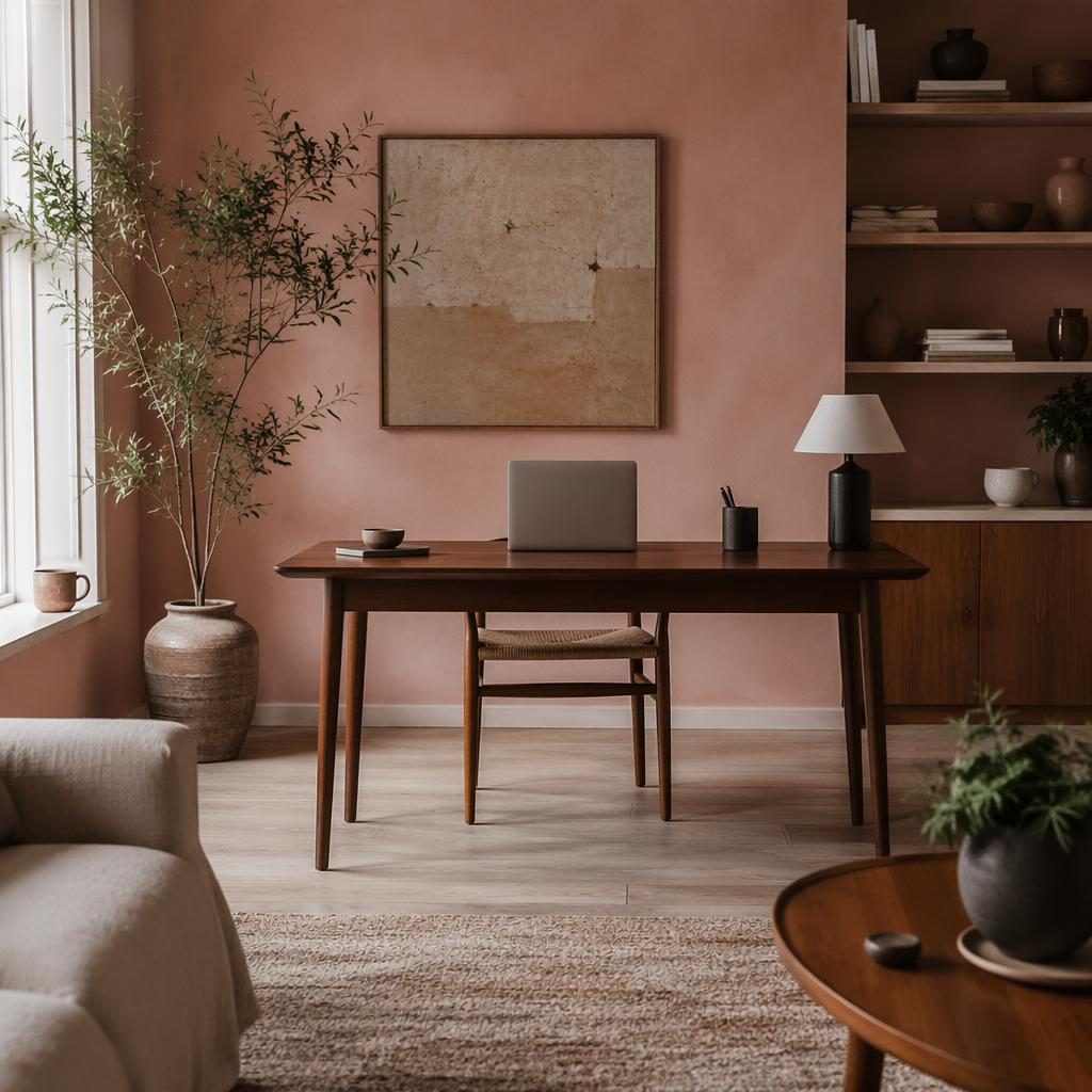 Wabi-sabi home interior with pastel pink and beige tones, warm wood furniture, plants, art, textiles, no people