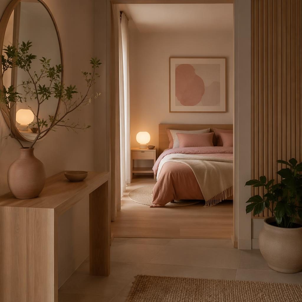 Japandi-Eingangsbereich mit pastellrosa und beigen Tönen, Holz, Pflanzen, Textilien und warmer Abendstimmung.