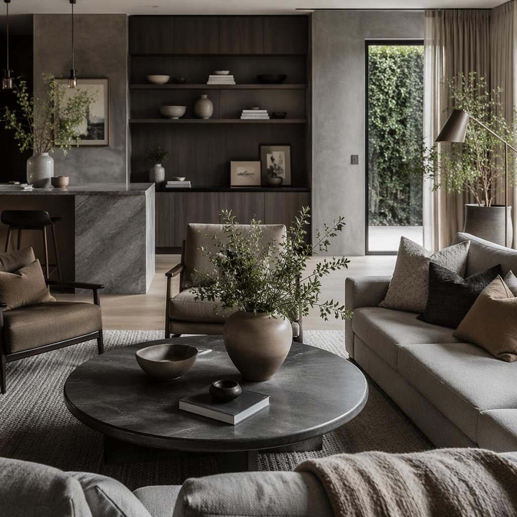 Sala de estar en tonos tierra con textiles, plantas, arte mural y luz natural suave, render fotorrealista sin personas.
