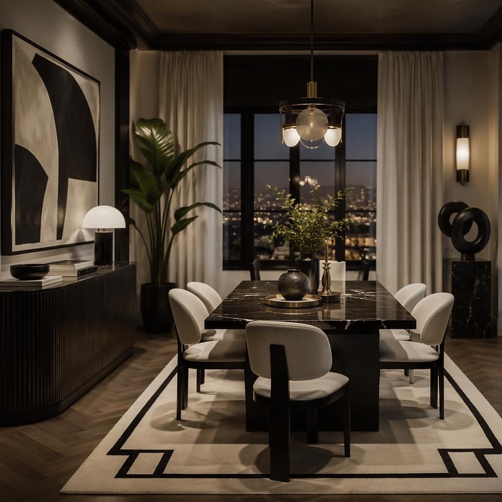 Industrial bathroom interior in raw concrete with a black and white palette, warm evening light, plants, art, and textiles.