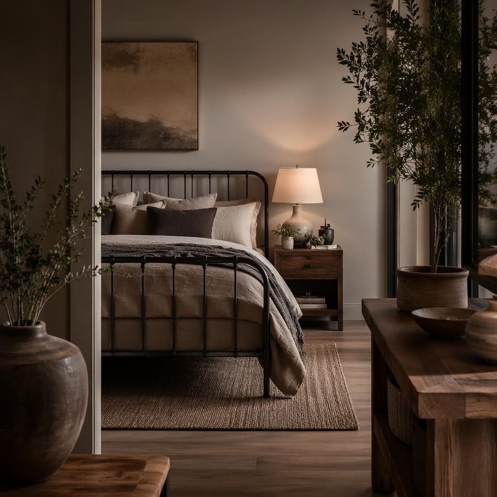 Luxury contemporary entryway with earth-tone decor, natural materials, plants, art, textiles, and a metal frame accent.