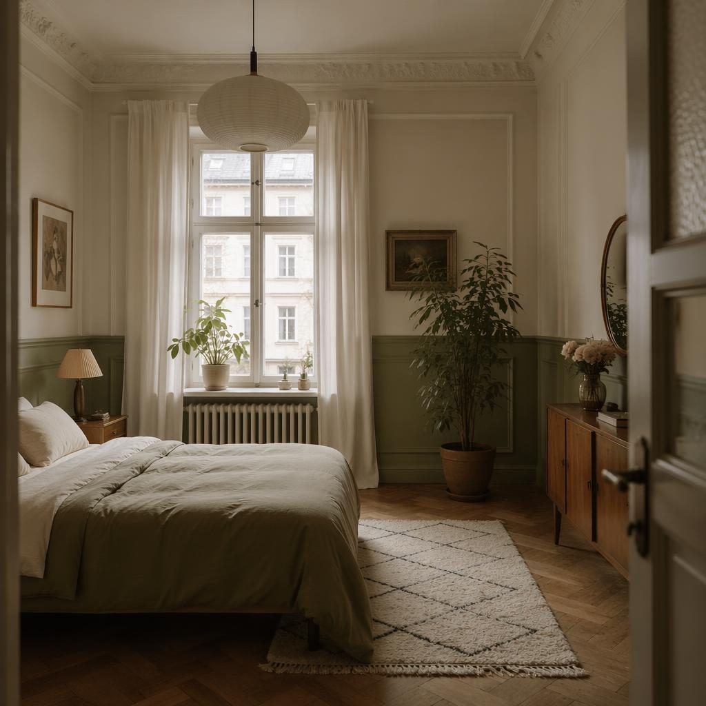 Salbei-cremefarbenes Schlafzimmer im Altbau mit Textilien, Pflanzen, Kunst und natürlichem Licht, fotorealistisch