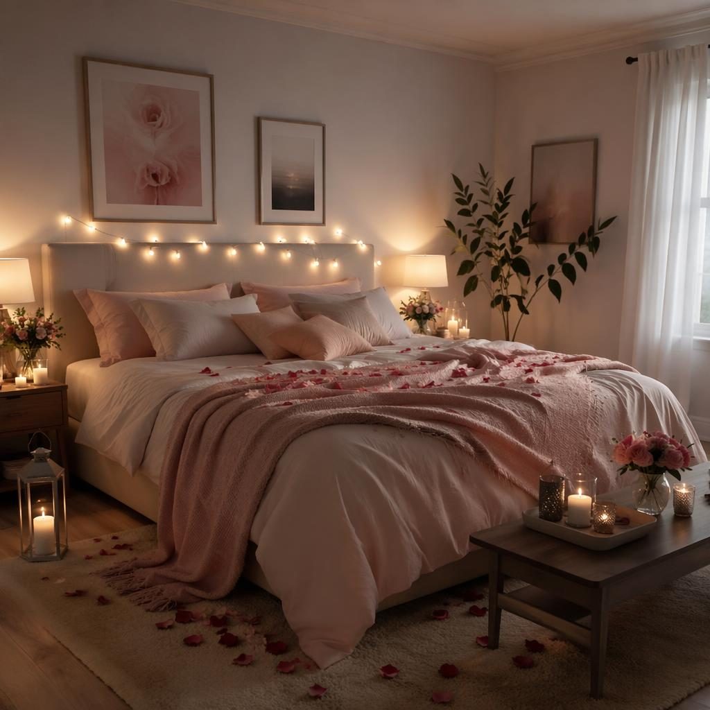 Dormitorio en tonos rosa pastel y beige con luz dorada, textiles suaves, plantas, arte mural y composición realista sin personas.