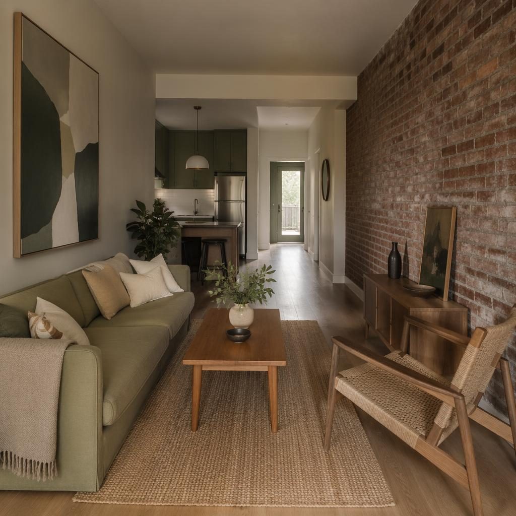 Render interior realista de acceso y cocina con ladrillo visto, paleta salvia y crema, plantas, arte y textiles.