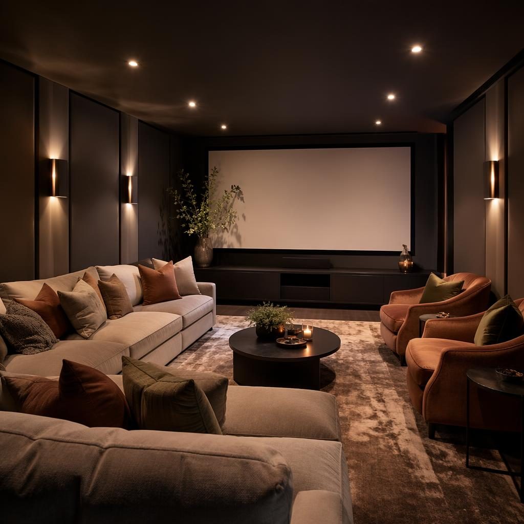 Dark luxurious home cinema interior with pastel pink and beige accents, plush seating, plants, art, and warm golden hour light.