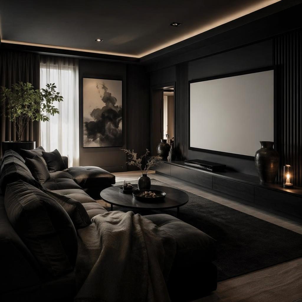 Dunkler luxuriöser Home-Cinema-Eingangsbereich im Wabi-Sabi-Stil in Schwarz-Weiß mit Tageslicht, Naturmaterialien, Pflanzen und Textilien.