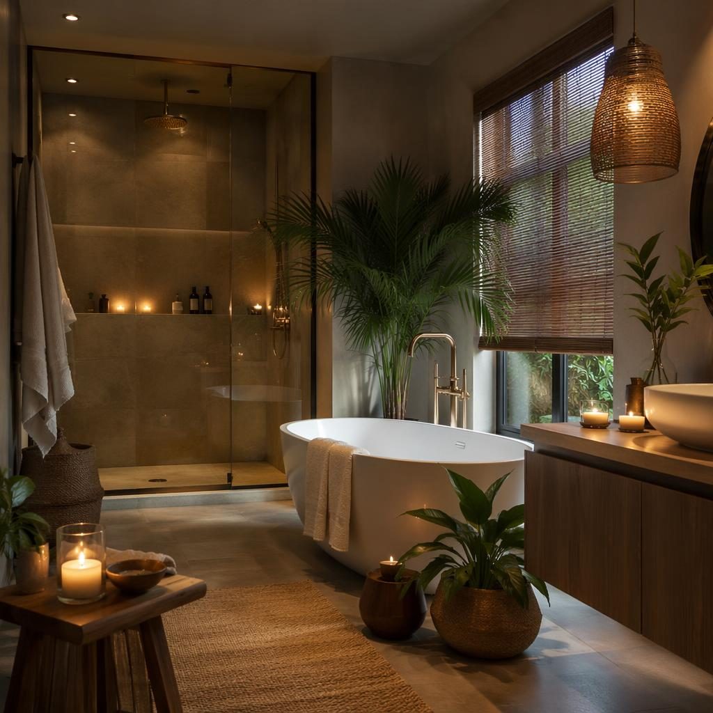 Moody contemporary interior with blue and brass tones, rattan furniture, plants, art, textiles, and natural materials.