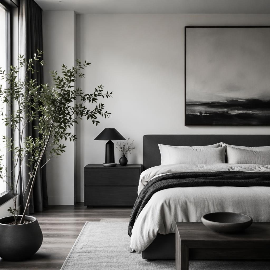 Dormitorio minimalista de estilo mid-century en blanco y negro, con materiales naturales, plantas, arte y luz difusa.