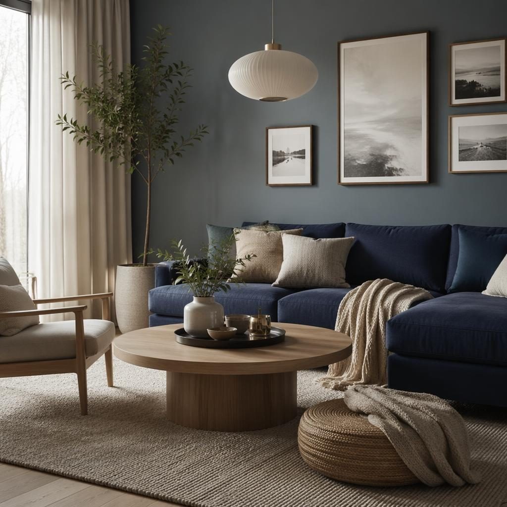 Skandinavisches Badezimmer mit blauen Akzenten, Messingdetails, Holz, Pflanzen, Kunst, Textilien und weichem Licht
