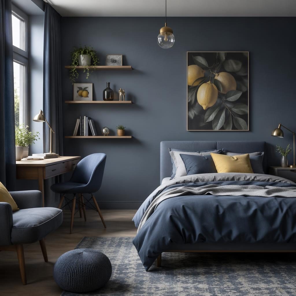 Modern teen Scandinavian bedroom with blue and brass accents, lemon decorations, plants, textiles, art, and natural wood.