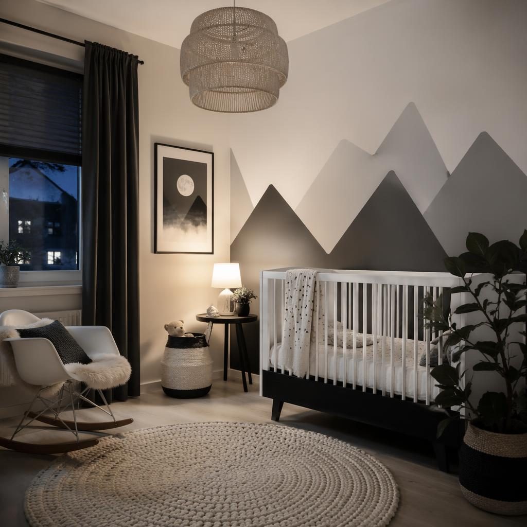 Habitación infantil escandinava en blanco y negro, luz cálida, muebles de madera, plantas, arte mural y textiles.