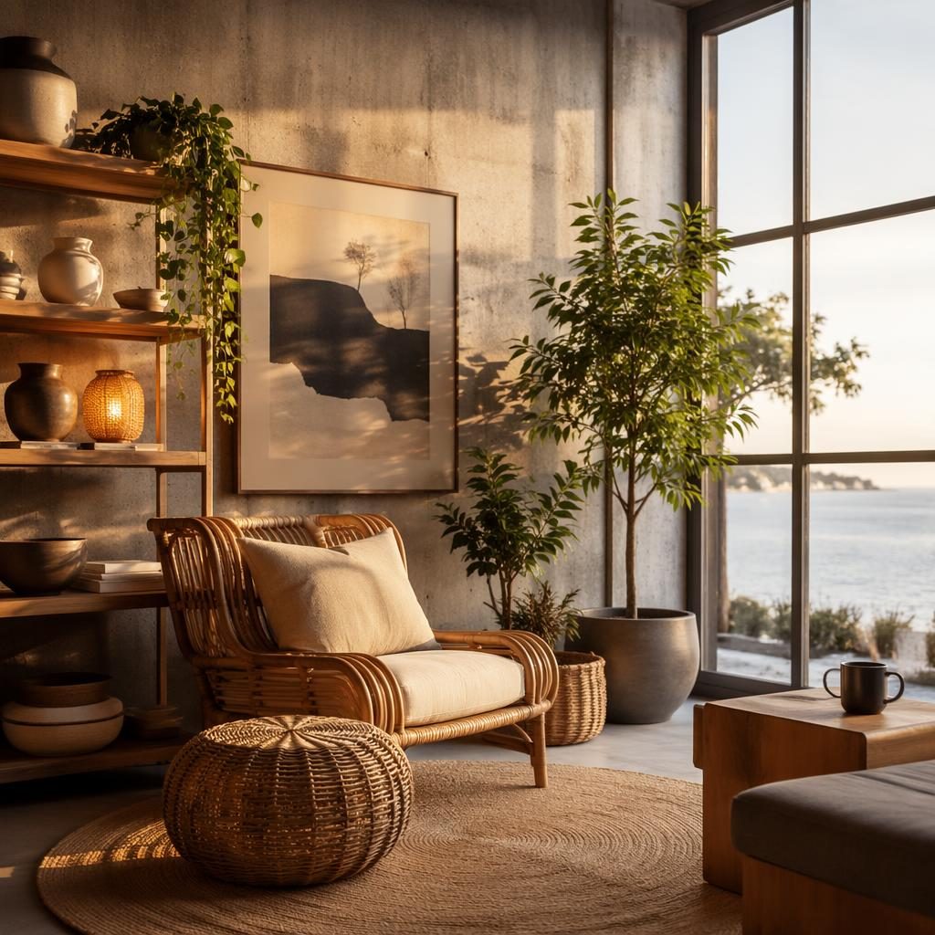 Realistic sun room reading nook with rattan seating, warm neutral tones, plants, textiles, art and golden hour light