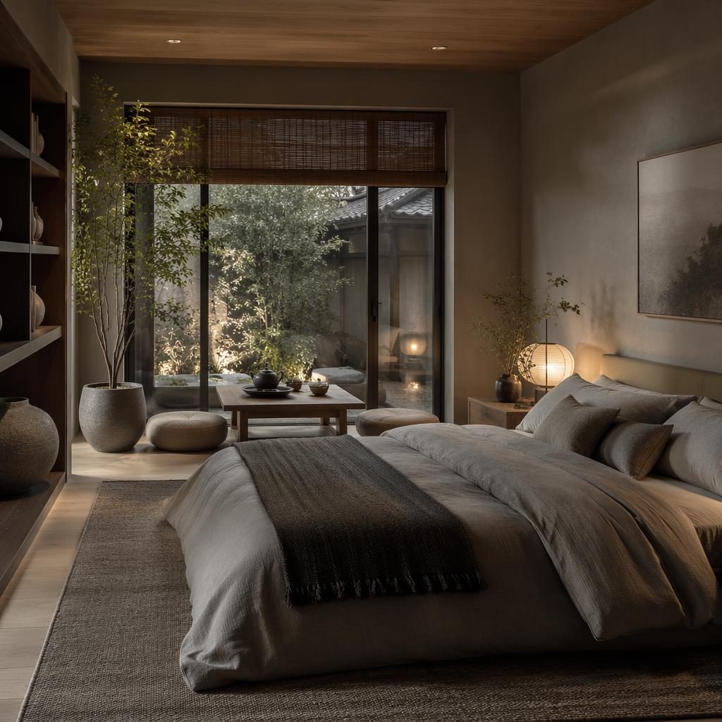 Dormitorio tipo farmhouse con rincón de té japandi, paleta gris fría, luz cálida de tarde, madera natural, textiles y plantas.