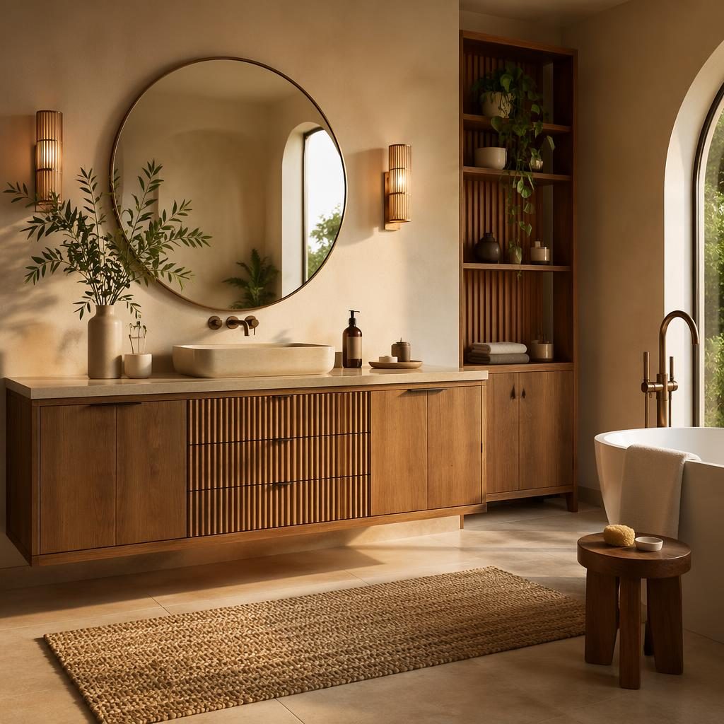 Modern minimalist bathroom interior in warm neutrals with natural materials, plants, art, textiles, and golden hour light.