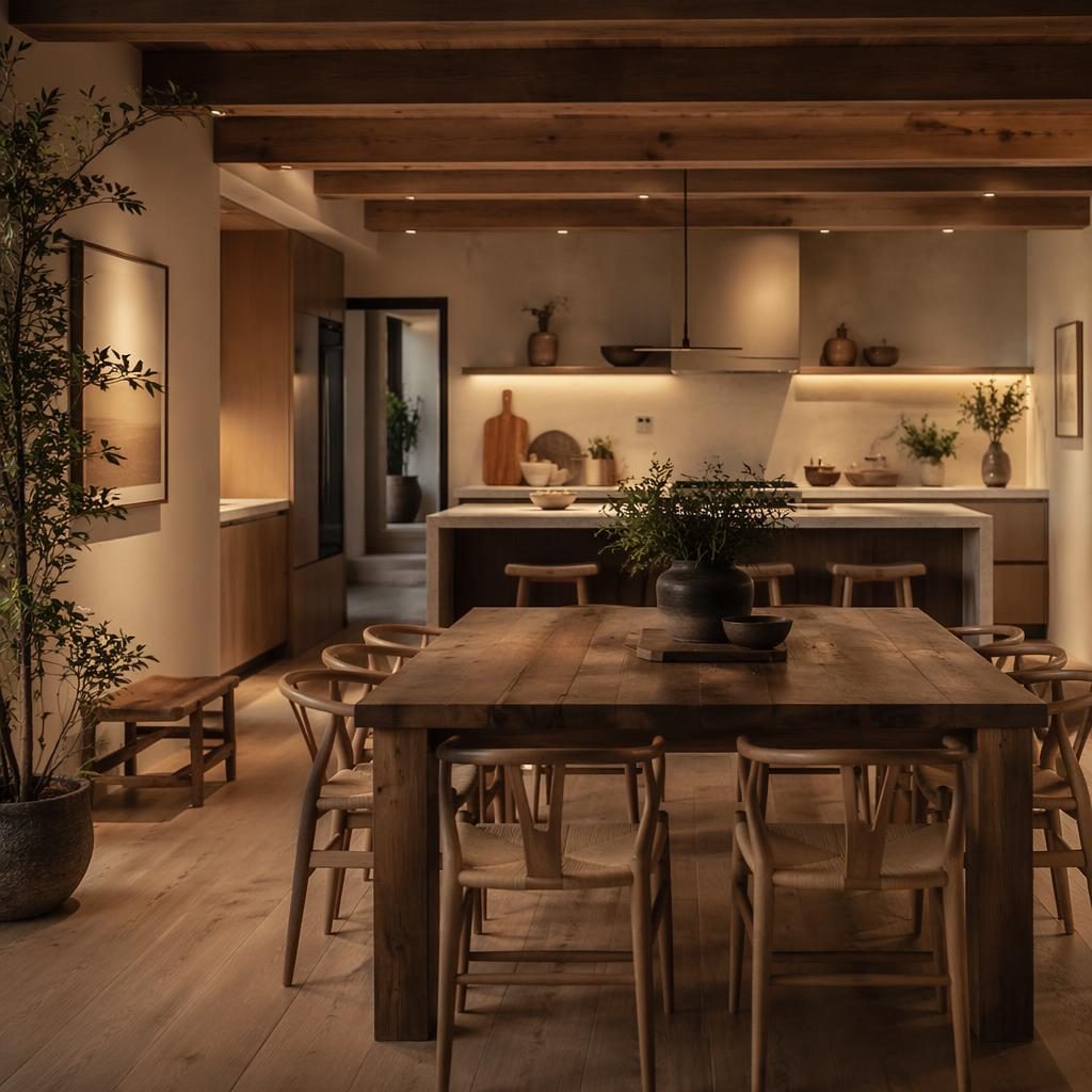Japandi farmhouse kitchen with open beams, warm neutral palette, wood dining table, plants, textiles, and evening light
