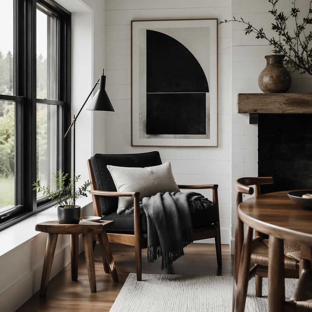 Black and white farmhouse reading nook with warm wood mid-century dining furniture, plants, art, and textiles