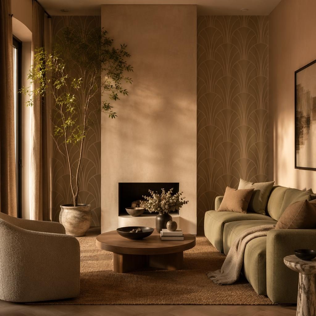 Entrada interior estilo art déco en tonos neutros cálidos, luz dorada, materiales naturales, plantas y composición realista