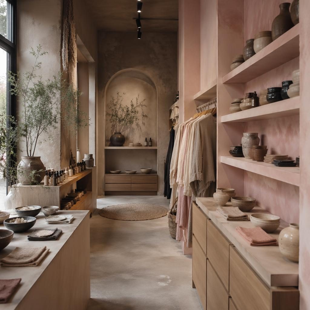 Scandinavian bathroom render with pastel pink and beige tones, natural materials, plants, art, textiles, and moody lighting