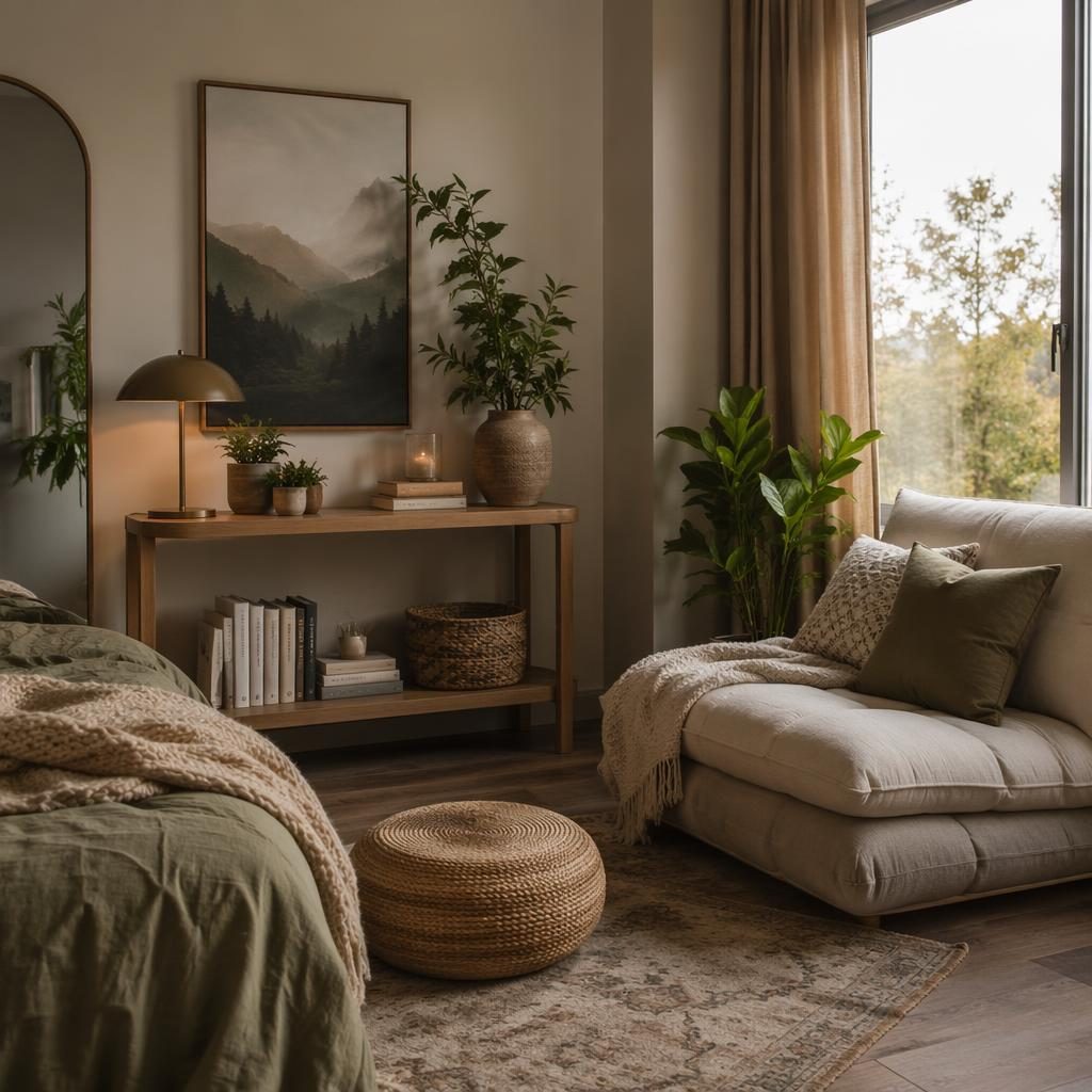Modern teen bedroom reading nook with earth-tone sofa table decor, plants, textiles, art, and natural materials